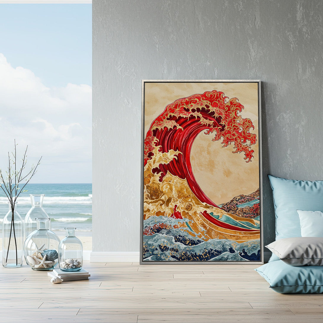 Framed Wall Art: Japanese wave design in red, gold, and blue. Coastal decor inspiration for your home. Shop Canvas Prints for unique wall art.