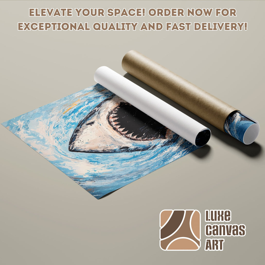 Shark Poster Roll, abstract style, blue & white color palette. Elevate your space!