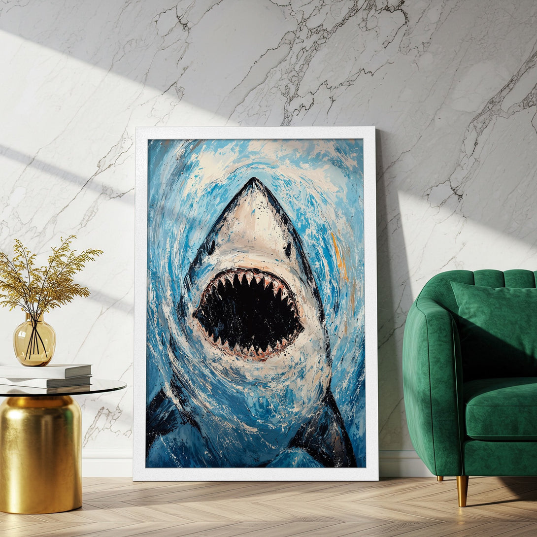 Framed Poster featuring a bold shark painting in blue and white tones. Add a touch of modern art to your space!