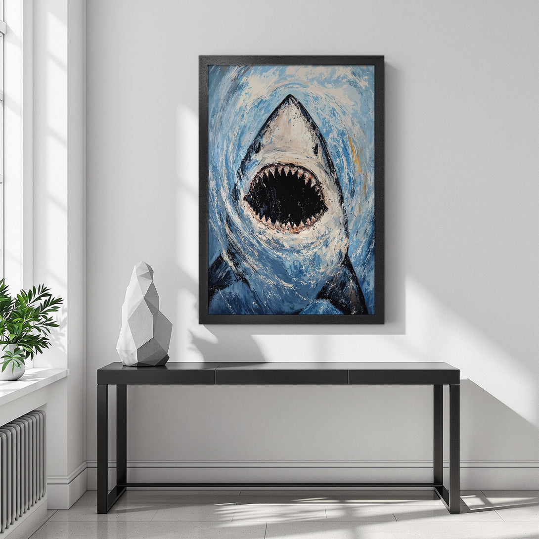 Framed Poster featuring a menacing shark artwork. Bold, expressive style with blue and white color palette. Add a splash of ocean art to your space!