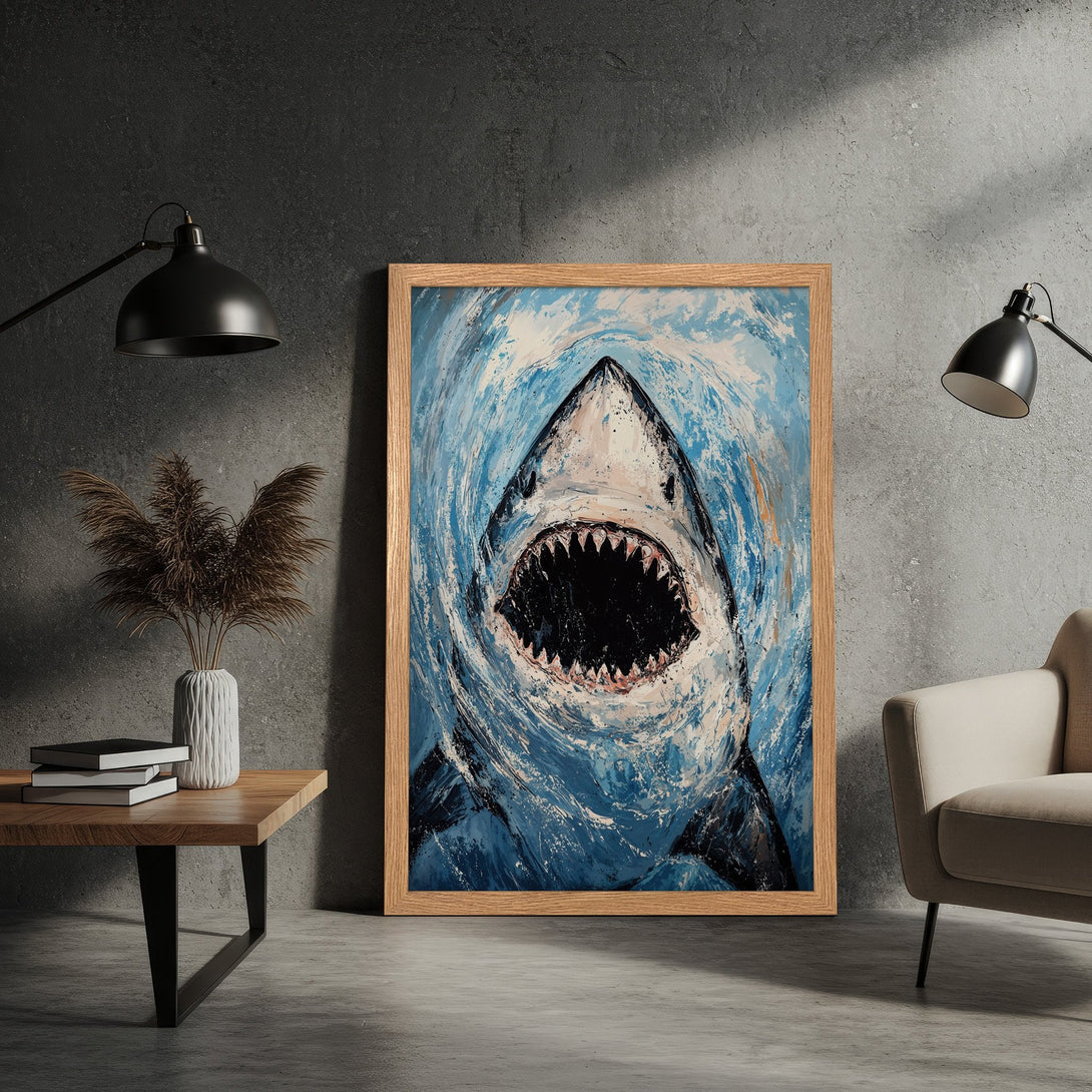 Framed Poster of a shark in an abstract style, featuring a blue and white color palette. Perfect for modern decor.