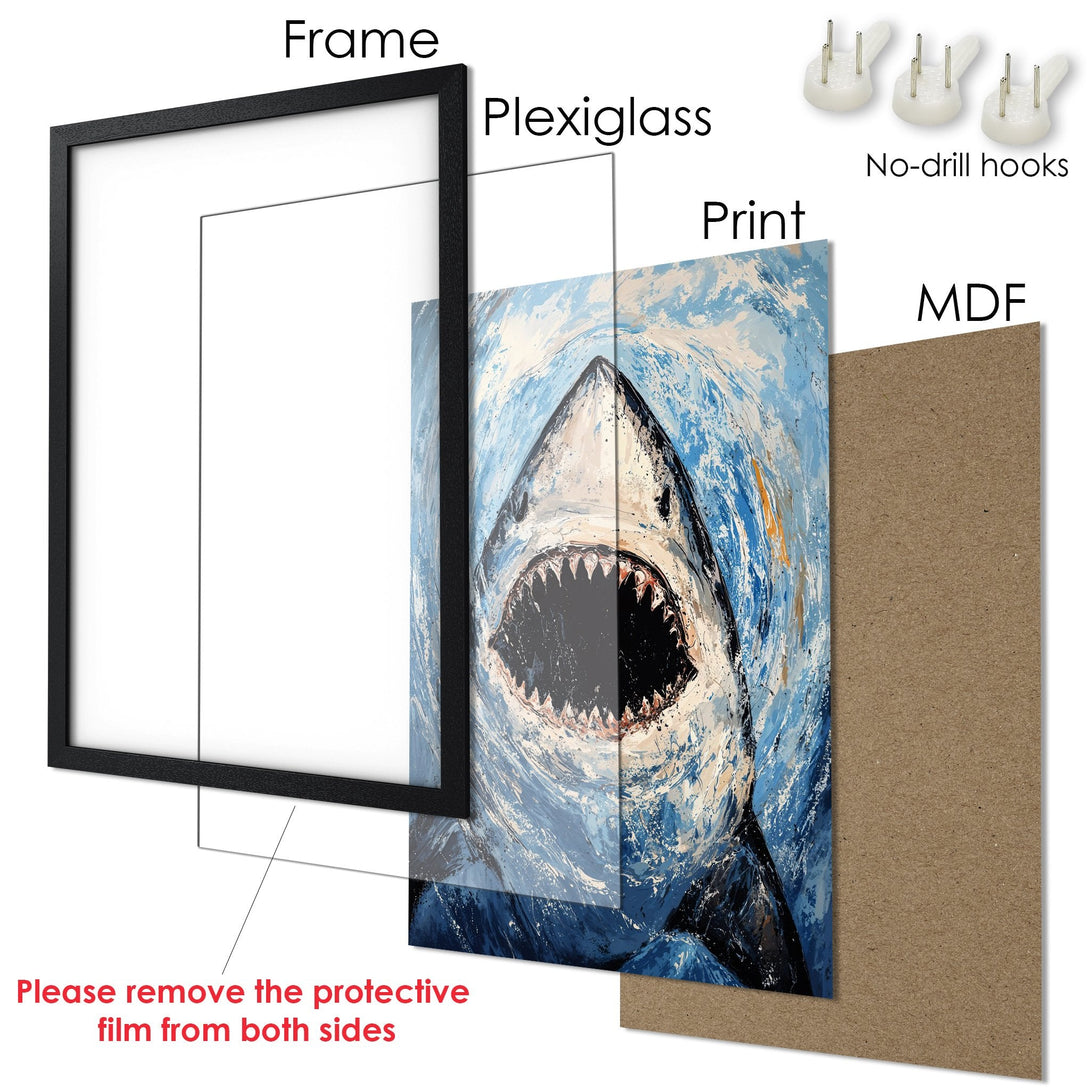 Framed Poster featuring a shark artwork in blue and white. Modern, artistic style. Perfect wall decor!