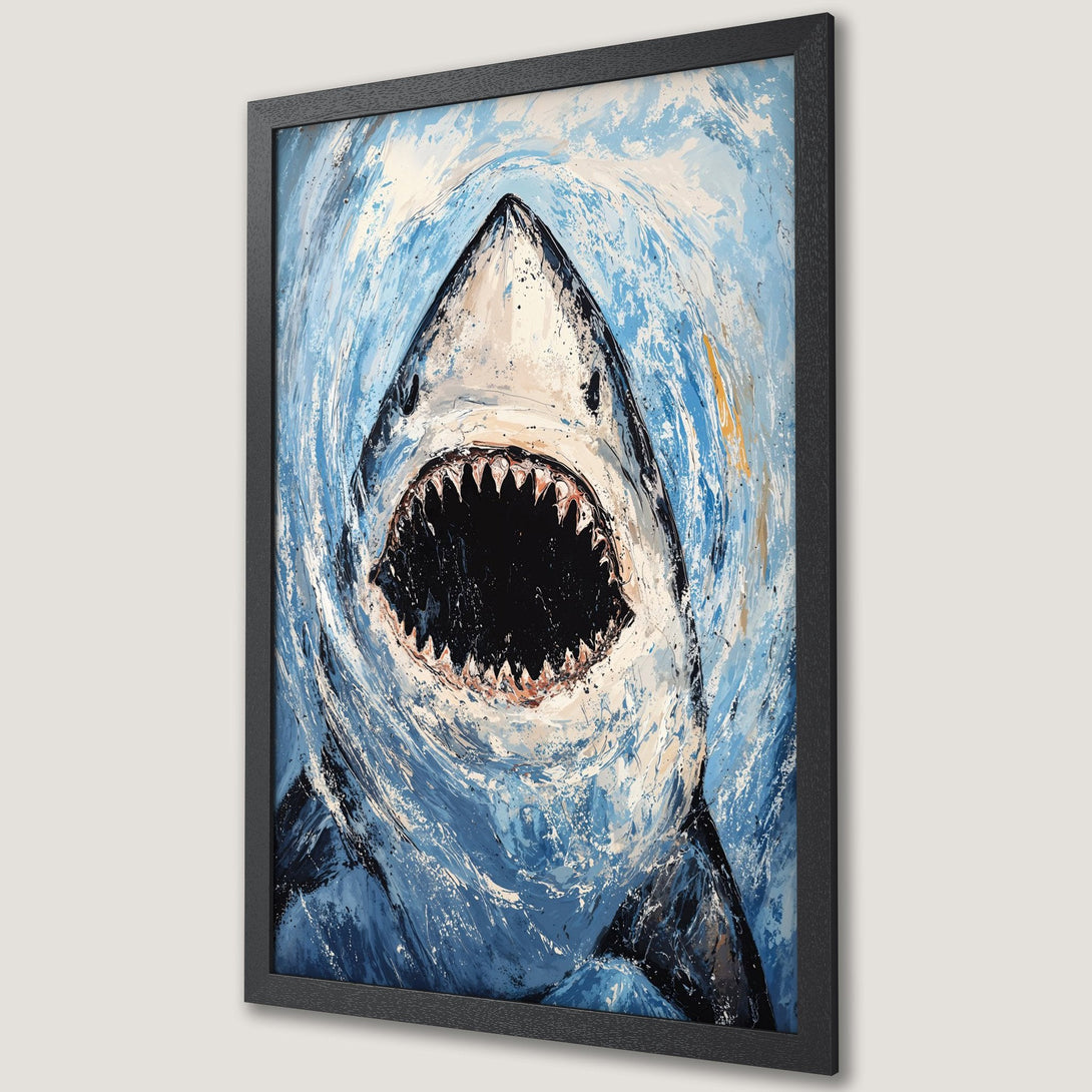 Framed Poster: Abstract shark art in blue and white. Bold brushstrokes create a dynamic ocean scene. Perfect wall decor!