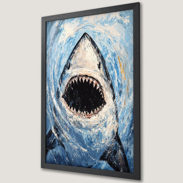 Framed Poster: Abstract shark art in blue and white. Bold brushstrokes create a dynamic ocean scene. Perfect wall decor!