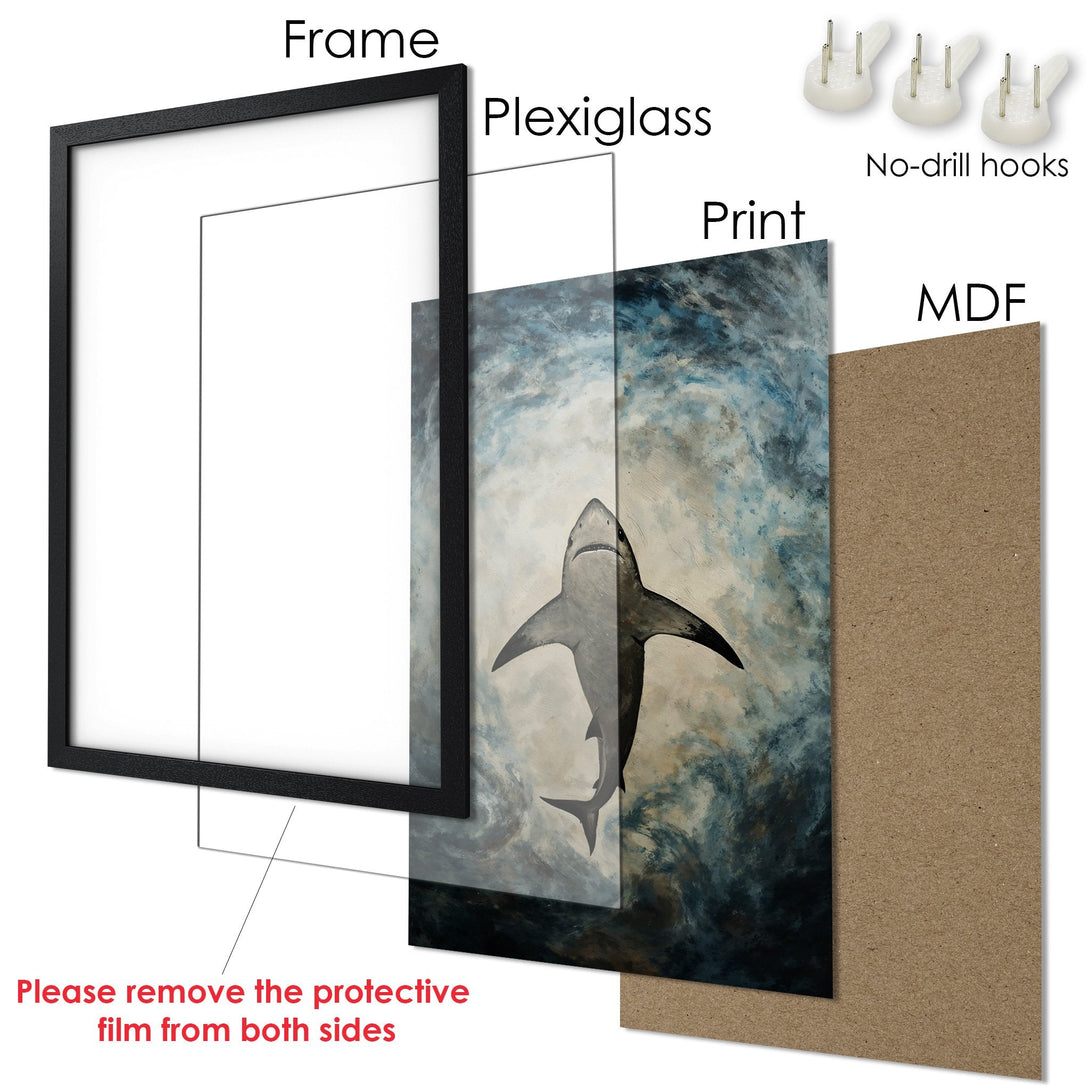 Framed Poster featuring a shark in a moody, blue and gray color palette. Perfect art for any room!