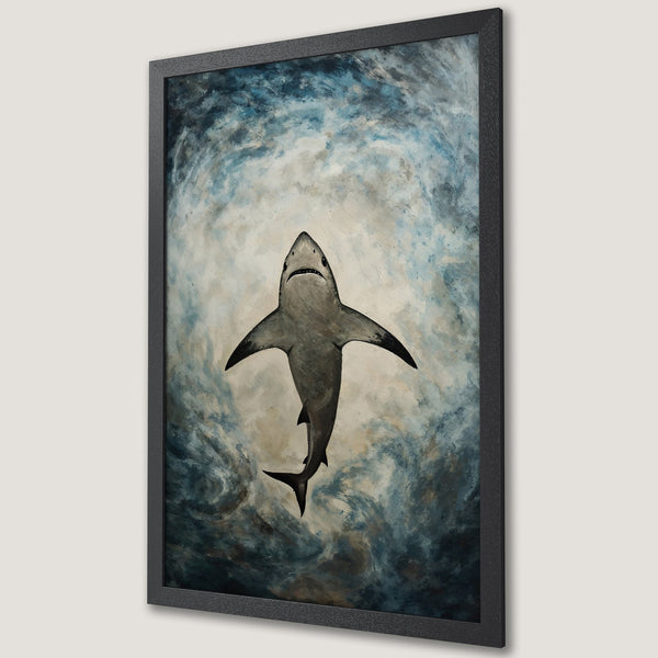 Framed Poster featuring a majestic shark in an abstract style, with a cool blue and gray color palette. Perfect ocean art!