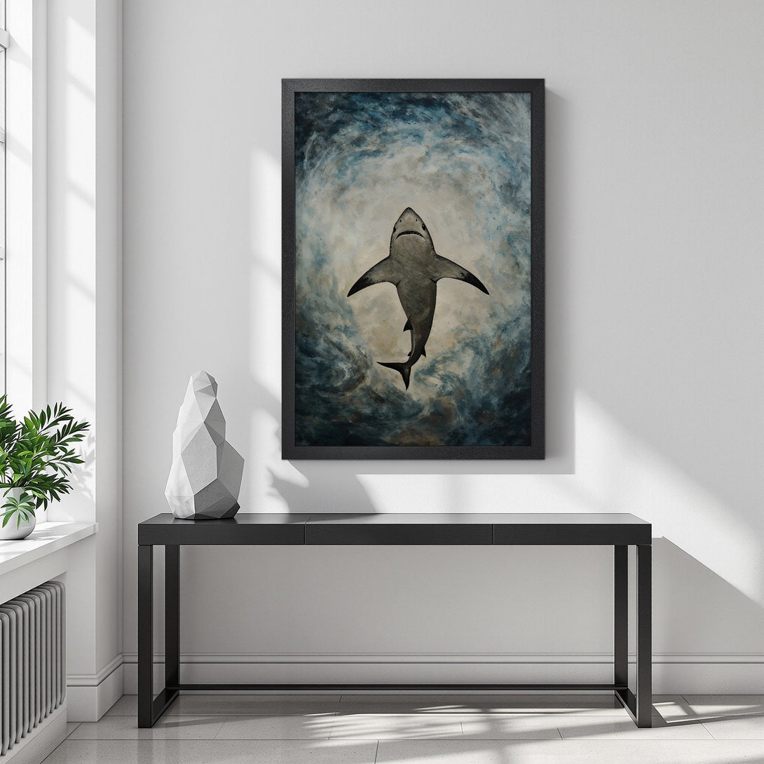 Framed Poster featuring a majestic shark in a moody, abstract style with a blue and gray color palette. Perfect wall art!
