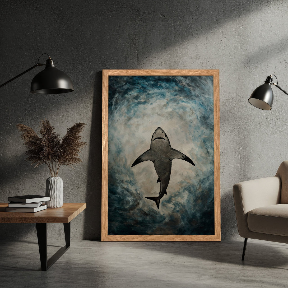 Framed Poster featuring a shark in a dramatic, painterly style with a blue and gray color palette. Perfect for ocean lovers!