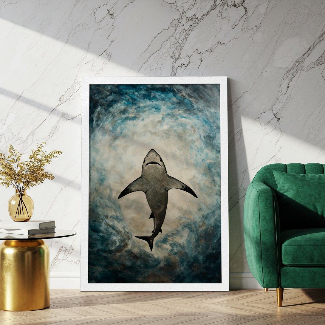 Framed Poster featuring a shark in an abstract style, with a blue and grey color palette. Perfect wall art for any space!