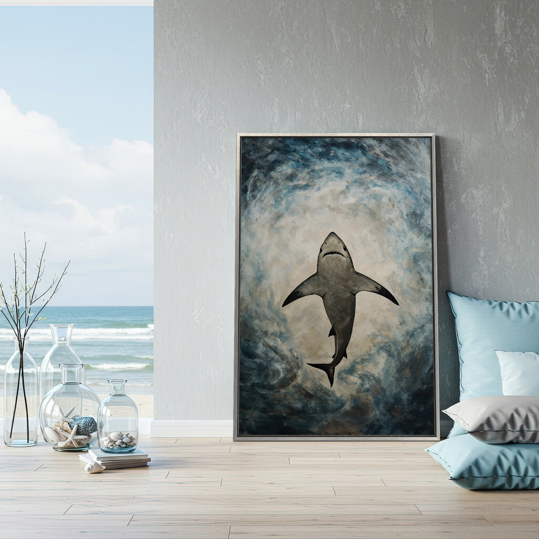 Framed Wall Art featuring a striking shark painting in a moody blue and gray palette, perfect for coastal decor.