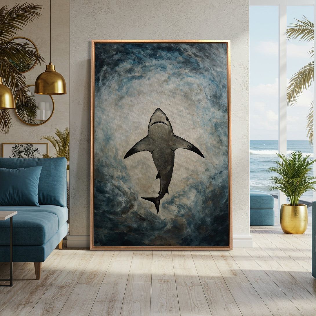 Framed Wall Art: Dramatic shark painting in blue and gray tones. Coastal decor inspiration for your home. Elevate your space with this stunning canvas print.