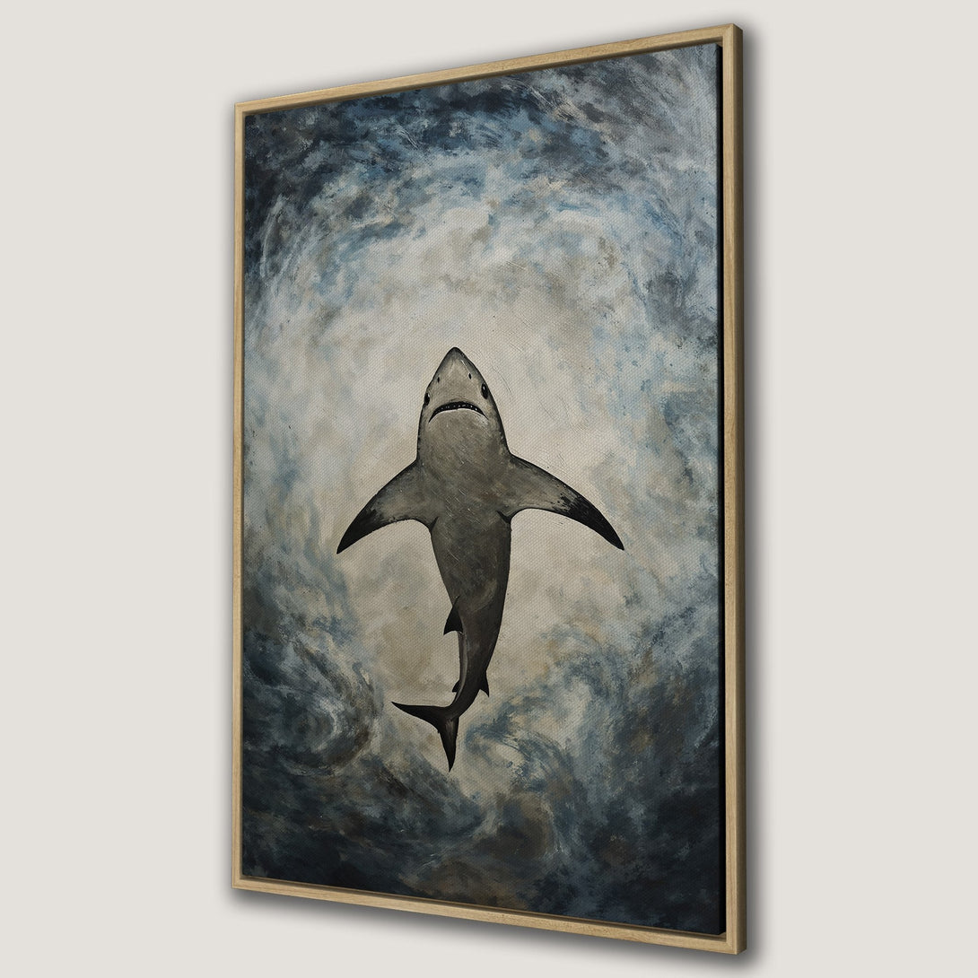 Framed Wall Art: Dramatic shark painting in blue and gray tones. Add a touch of ocean art to your home decor with this stunning canvas print.