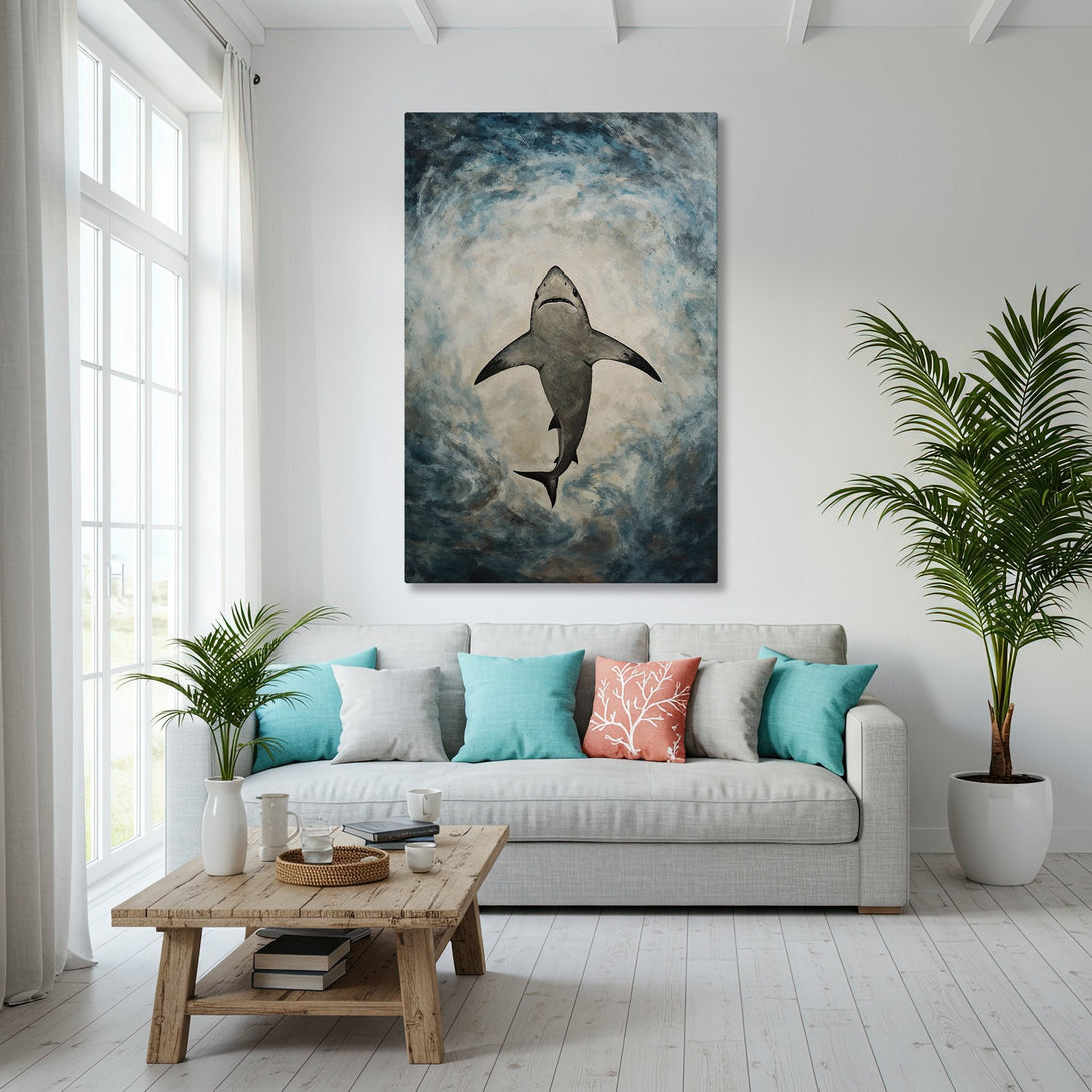 Framed Wall Art featuring a shark painting in a coastal interior. Blue and neutral color palette, adding a touch of ocean-themed style.