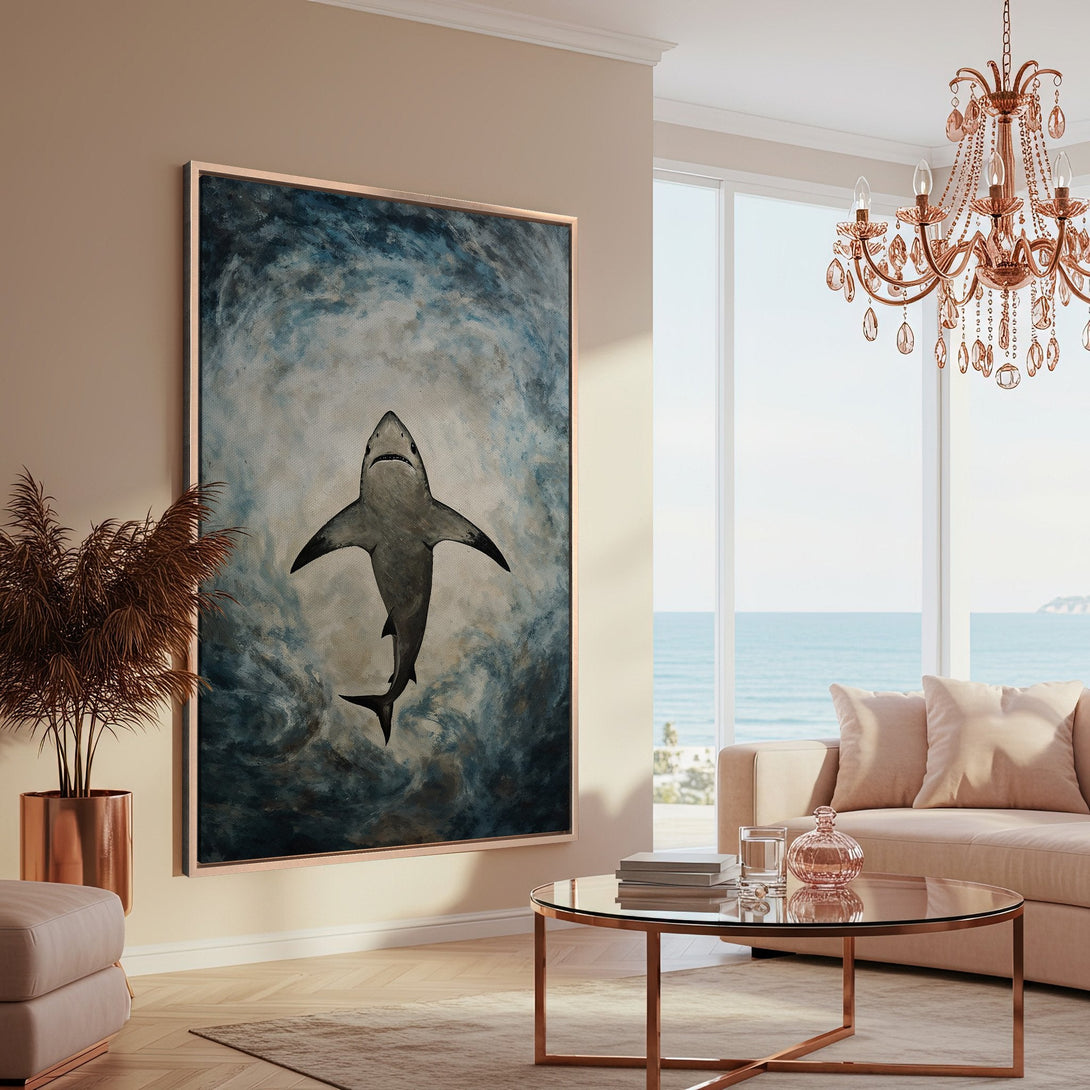 Framed Wall Art featuring a striking shark painting in a coastal-inspired interior. Moody blues and grays create a dramatic effect. Perfect for modern decor.