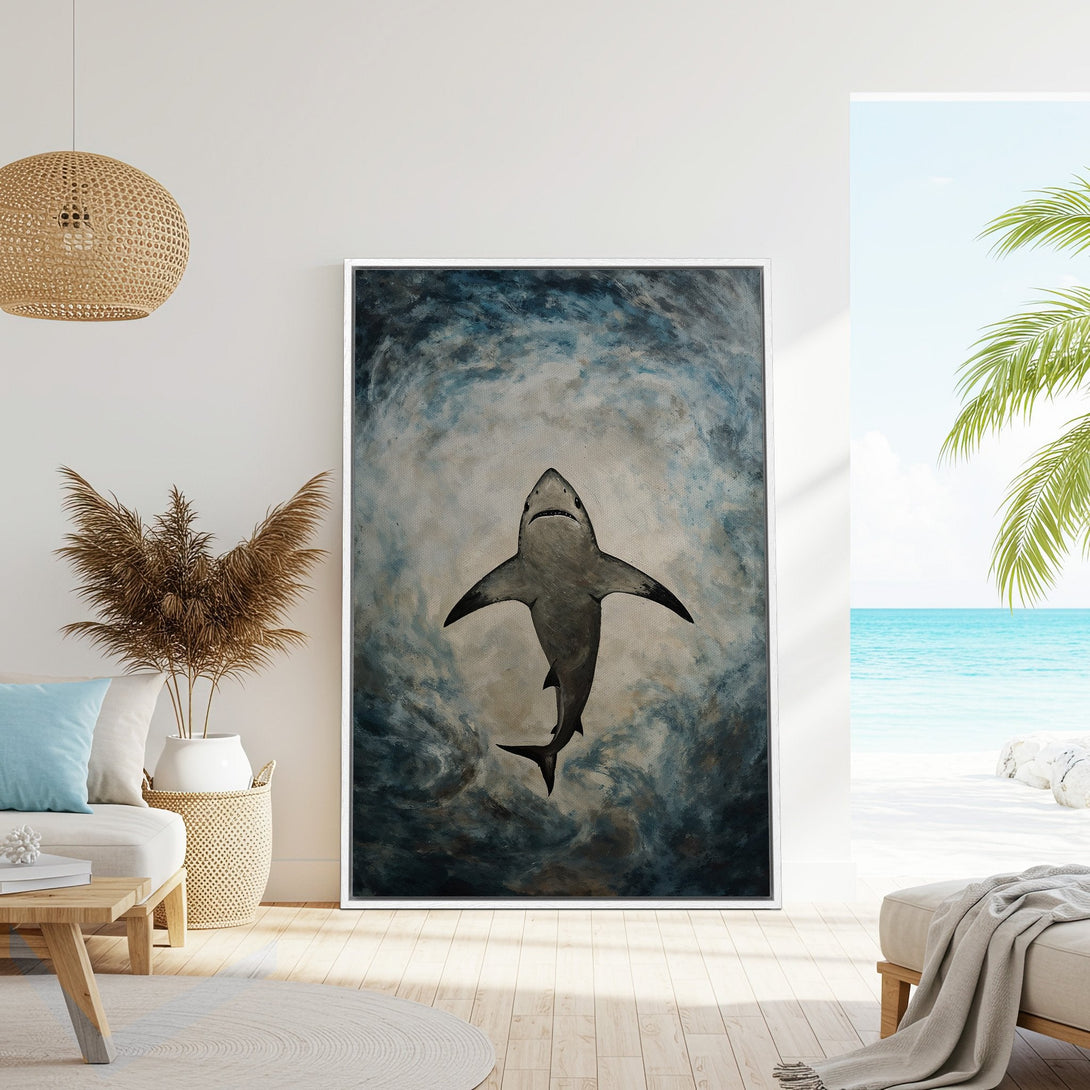 Framed Wall Art featuring a majestic shark painting in a coastal interior. Moody blues and grays create a dramatic ocean vibe. Perfect for modern decor.