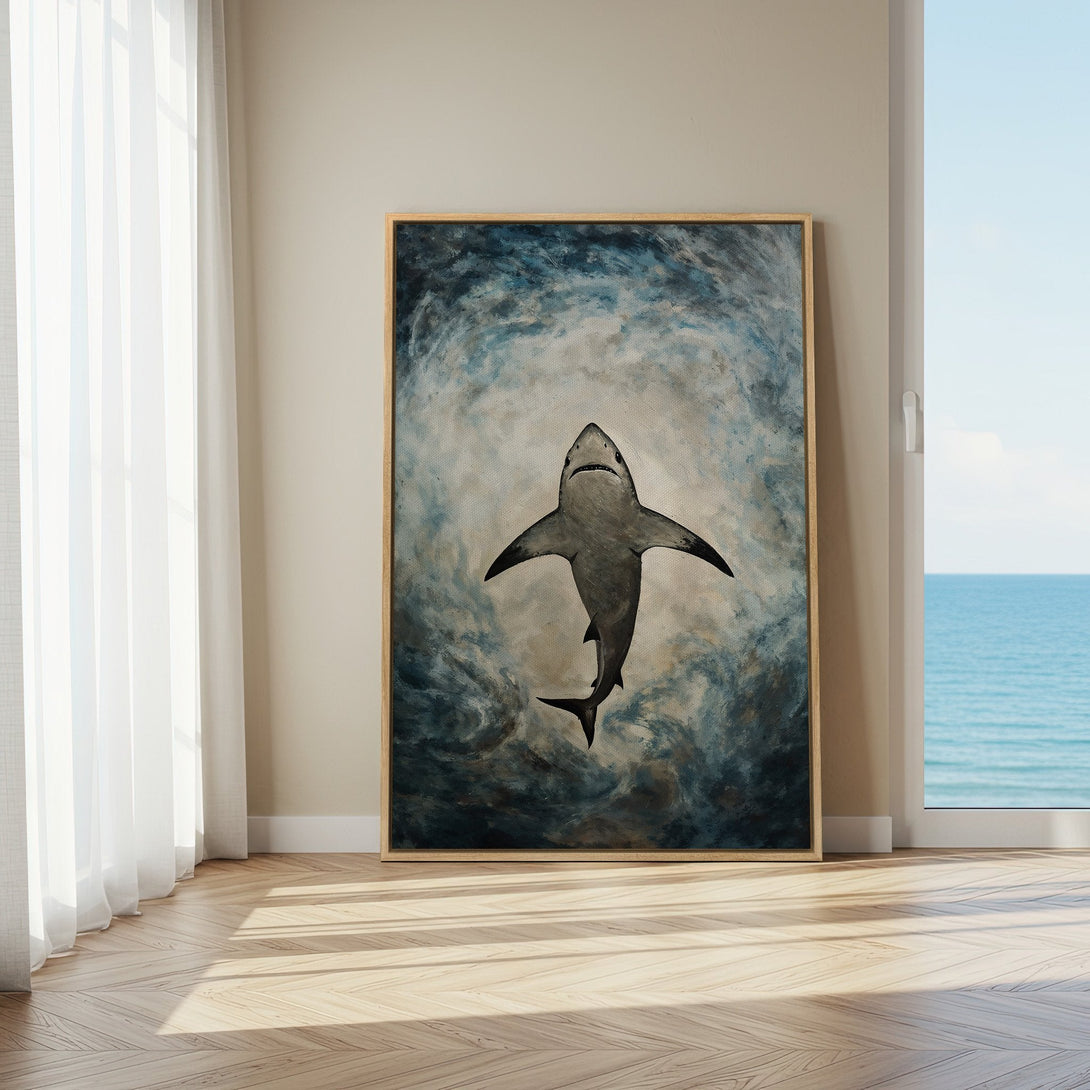Framed Wall Art: Dramatic shark painting in blue and gray tones. Modern art canvas print adds coastal style to any room. Shop now!