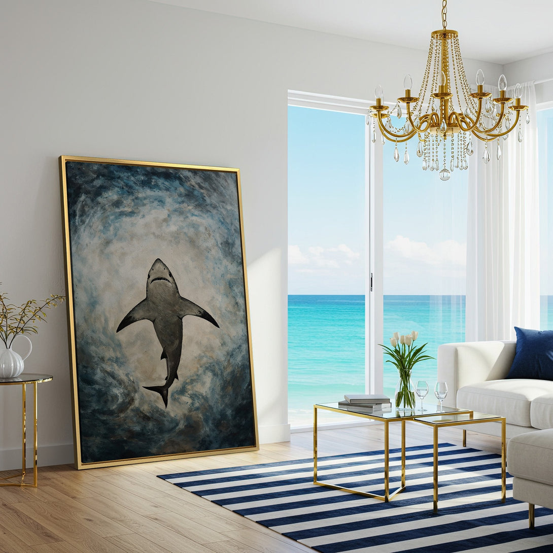 Canvas Print featuring a majestic shark in a moody, abstract style with a blue and gray color palette, perfect for coastal decor.