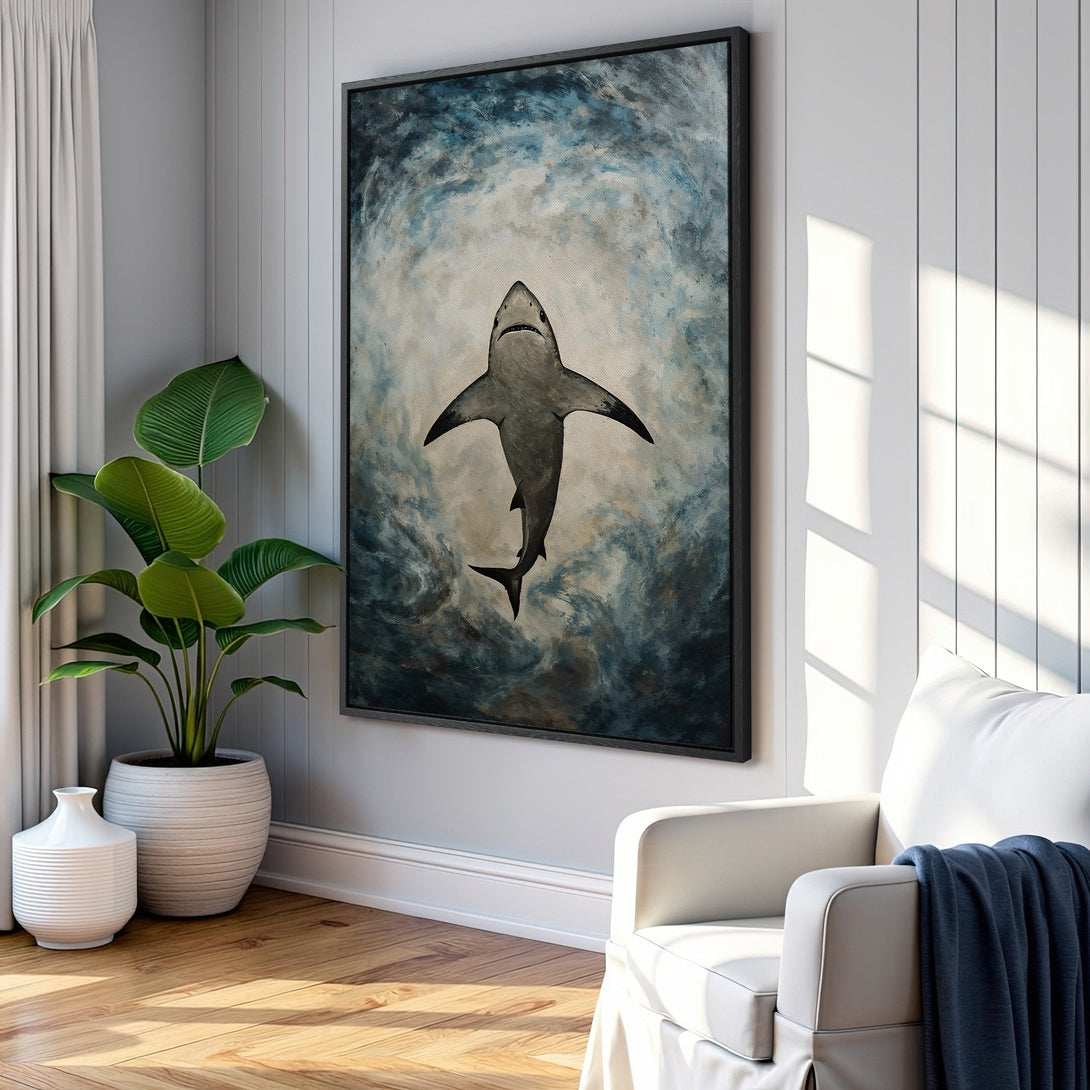Framed Wall Art: Dramatic shark painting in cool blue and gray tones. Perfect for coastal decor! Add this stunning Canvas Print to your home today.