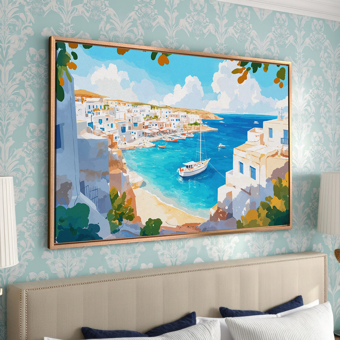 Framed Wall Art: Coastal village scene in watercolor style. Blue, white, and sandy tones create a serene atmosphere, perfect for bedroom decor.
