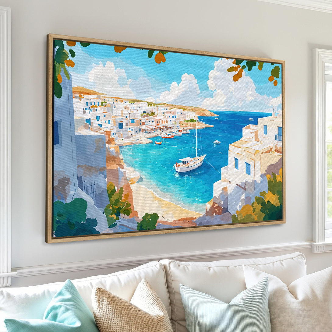 Framed Wall Art: Coastal village scene in blue and white, painted in a vibrant, impressionistic style. Perfect for adding a touch of Mediterranean charm.
