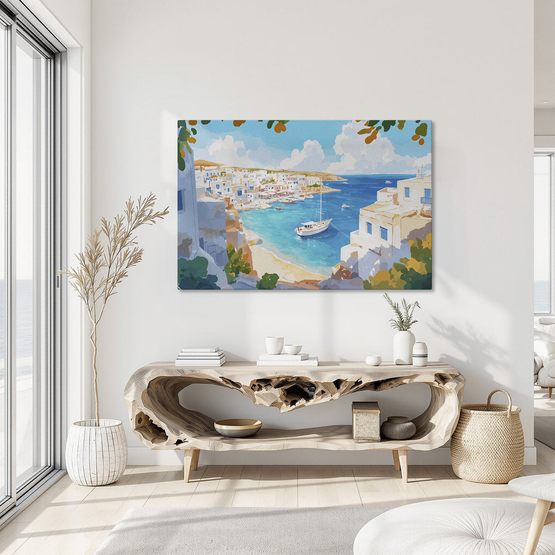 Framed Wall Art: Coastal village scene in blue & white, perfect for adding a touch of Mediterranean charm to your home. Transform your space today!