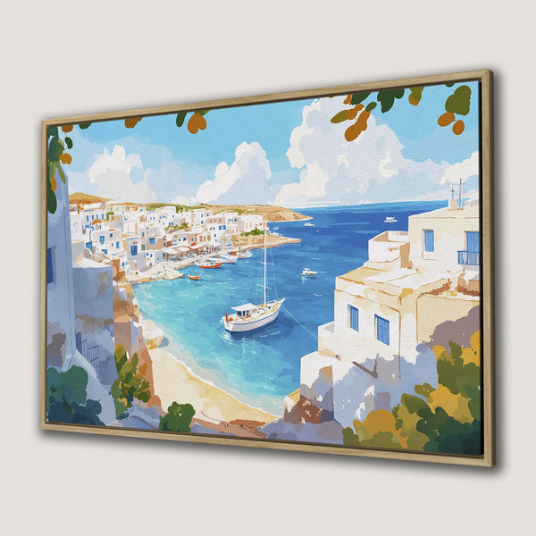 Canvas Print featuring a Mediterranean coastal village. Watercolor style with blue, white, and tan color palette. Perfect framed wall art for your home.