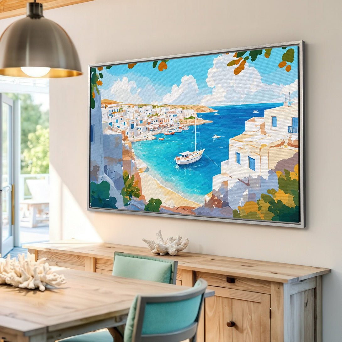 Framed Wall Art: Coastal village canvas print in bright blue, white, and turquoise. Perfect for adding a touch of Mediterranean style to your home decor.
