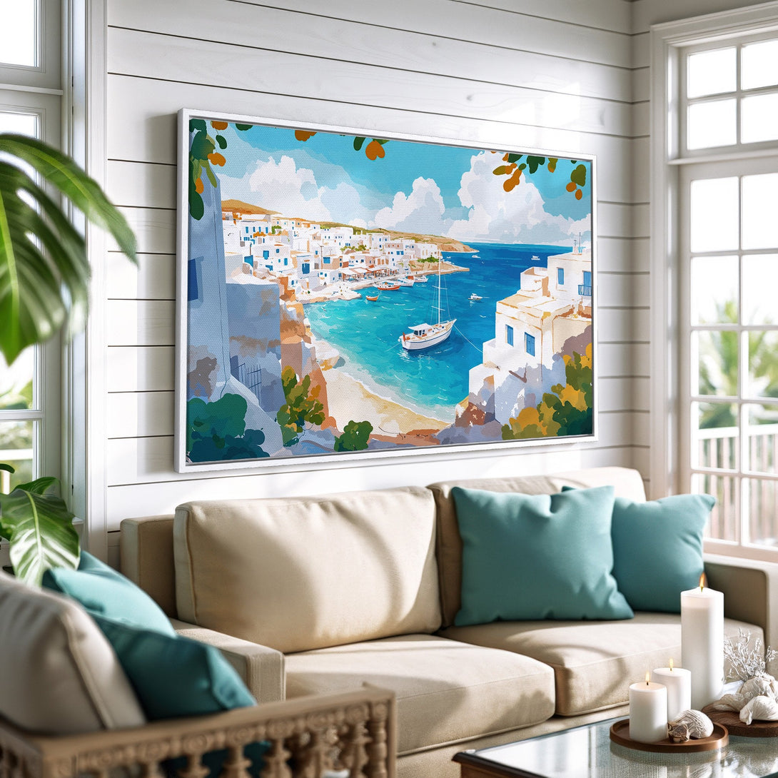 Framed Wall Art Canvas Print of a coastal village scene in blue, white, and turquoise. Perfect for adding a Mediterranean touch to your home decor.
