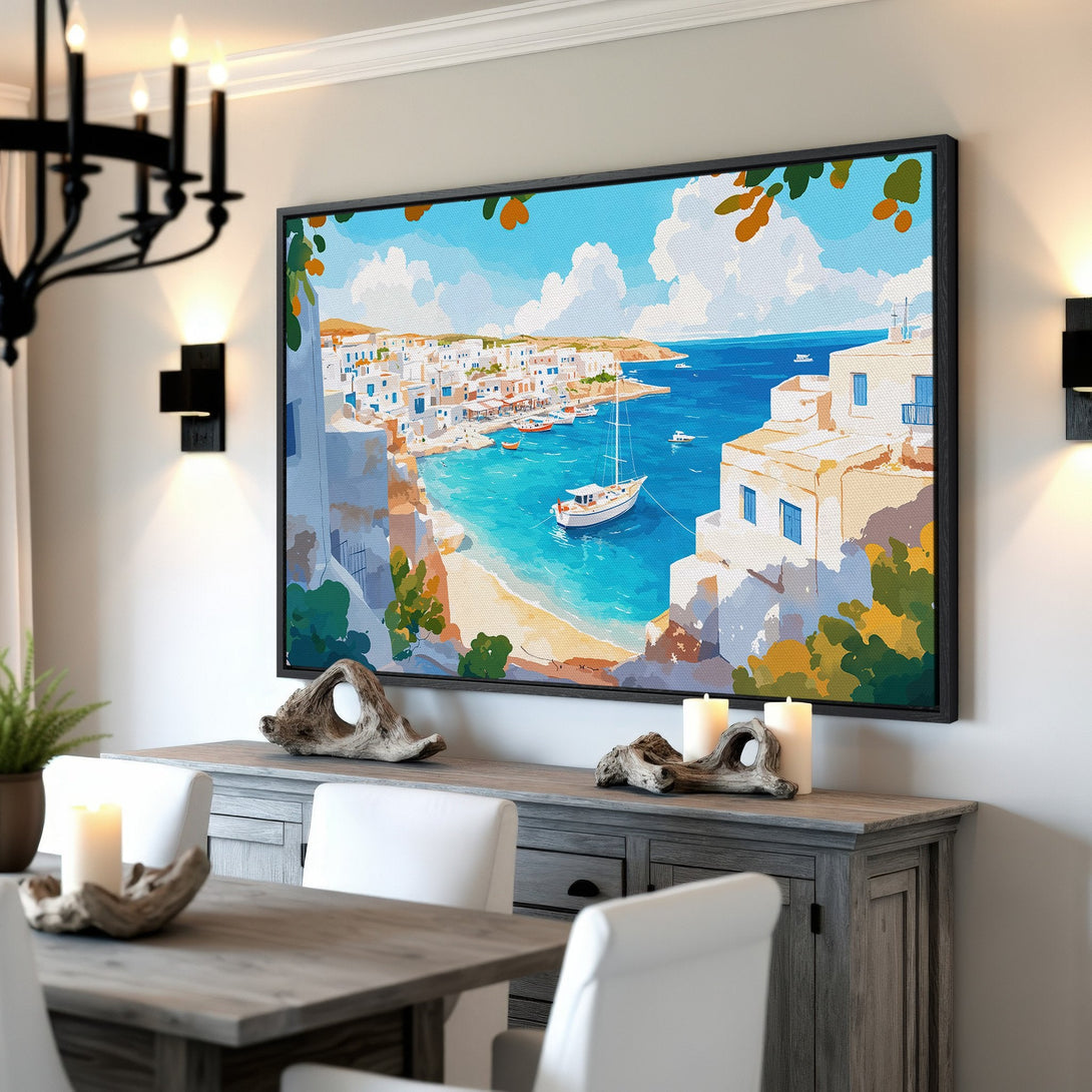 Framed Wall Art: Coastal village scene canvas print in blue, white, and turquoise. Perfect for adding a touch of Mediterranean charm to your home decor.