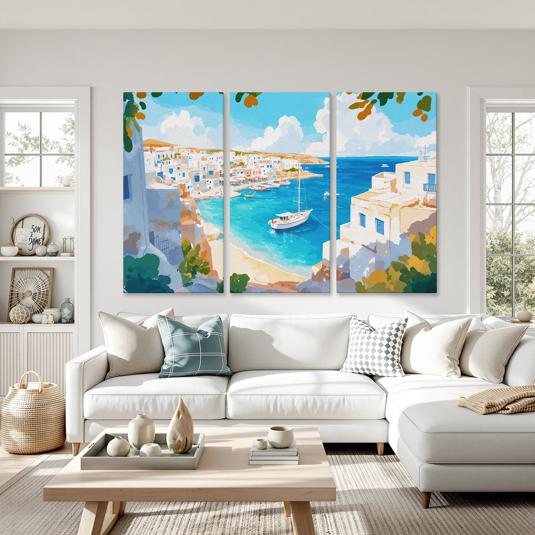 Canvas Print of a serene coastal scene with white buildings, blue water, and a bright color palette, perfect for adding a touch of Mediterranean charm.
