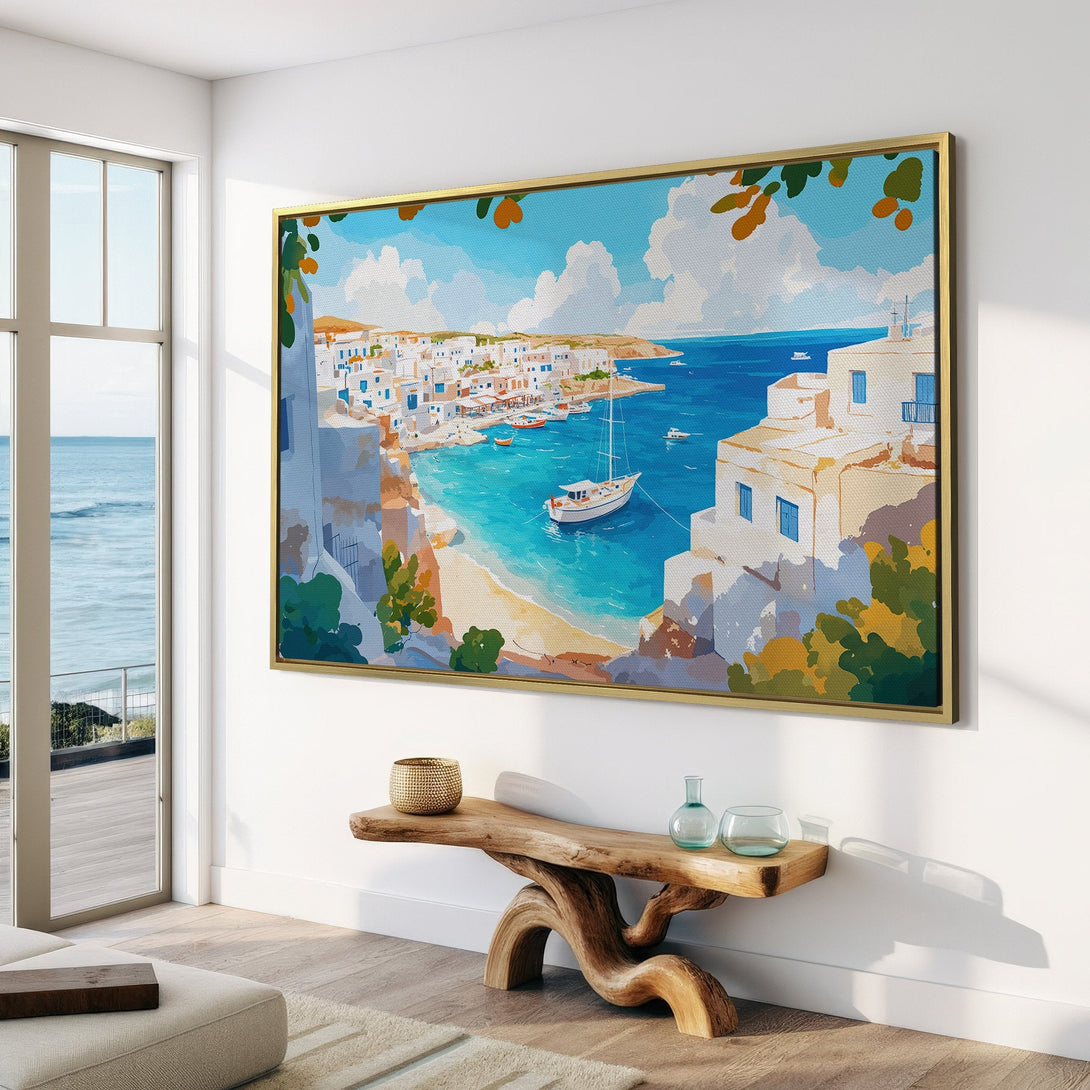 Canvas Print of a coastal village scene in watercolor style, featuring blue, white, and green hues. Perfect for adding a touch of serenity to your home.