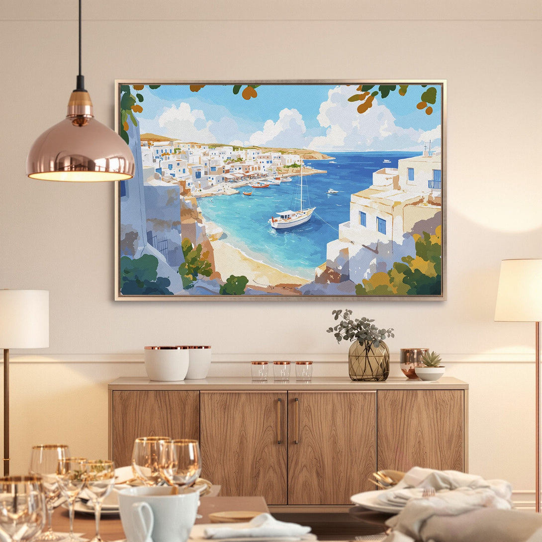 Framed Wall Art: Coastal village scene Canvas Print in blue and white. Perfect for adding a touch of Mediterranean charm to your home decor.