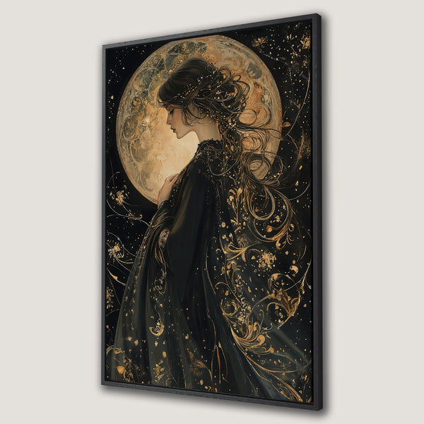 Framed Wall Art featuring a woman in a black dress with gold accents, set against a moonlit background. Elegant art print in a dark, celestial color palette.