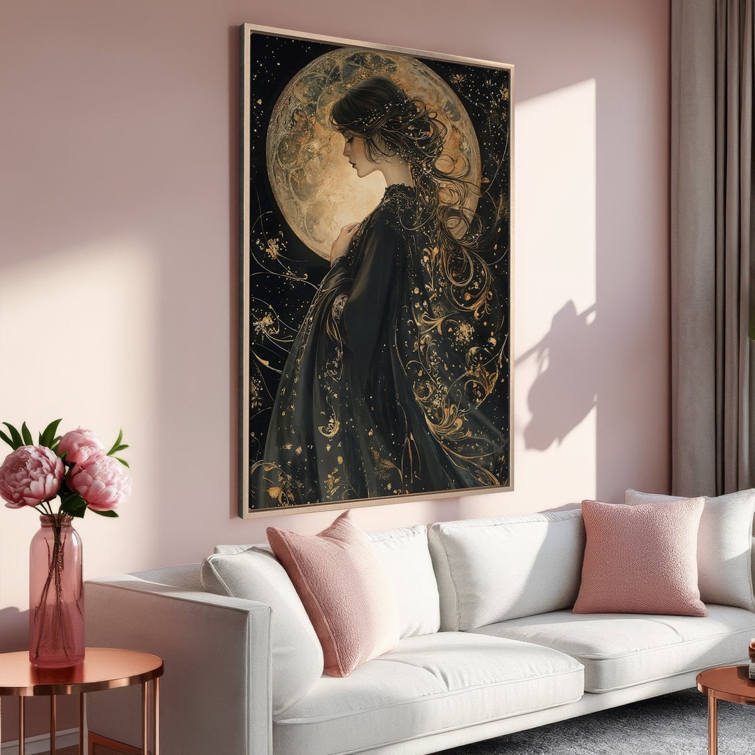 Framed Wall Art: Elegant woman with moon, gold accents. Modern art in black, gold, and blush tones. Perfect for living room decor.