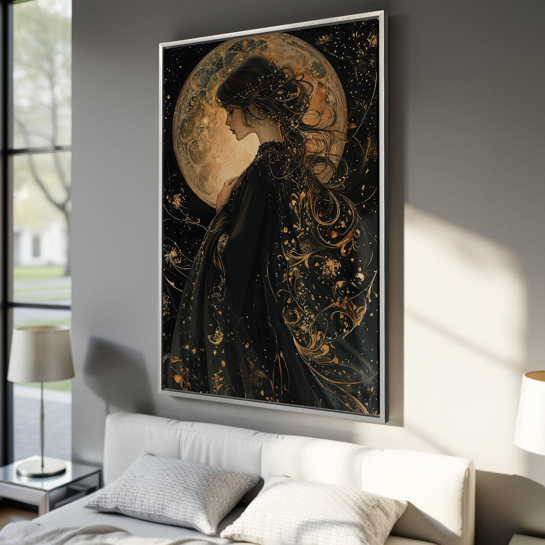 Framed Wall Art: Elegant woman with moon art in black & gold. Perfect for bedroom decor. Enhance your space with this stunning canvas print!