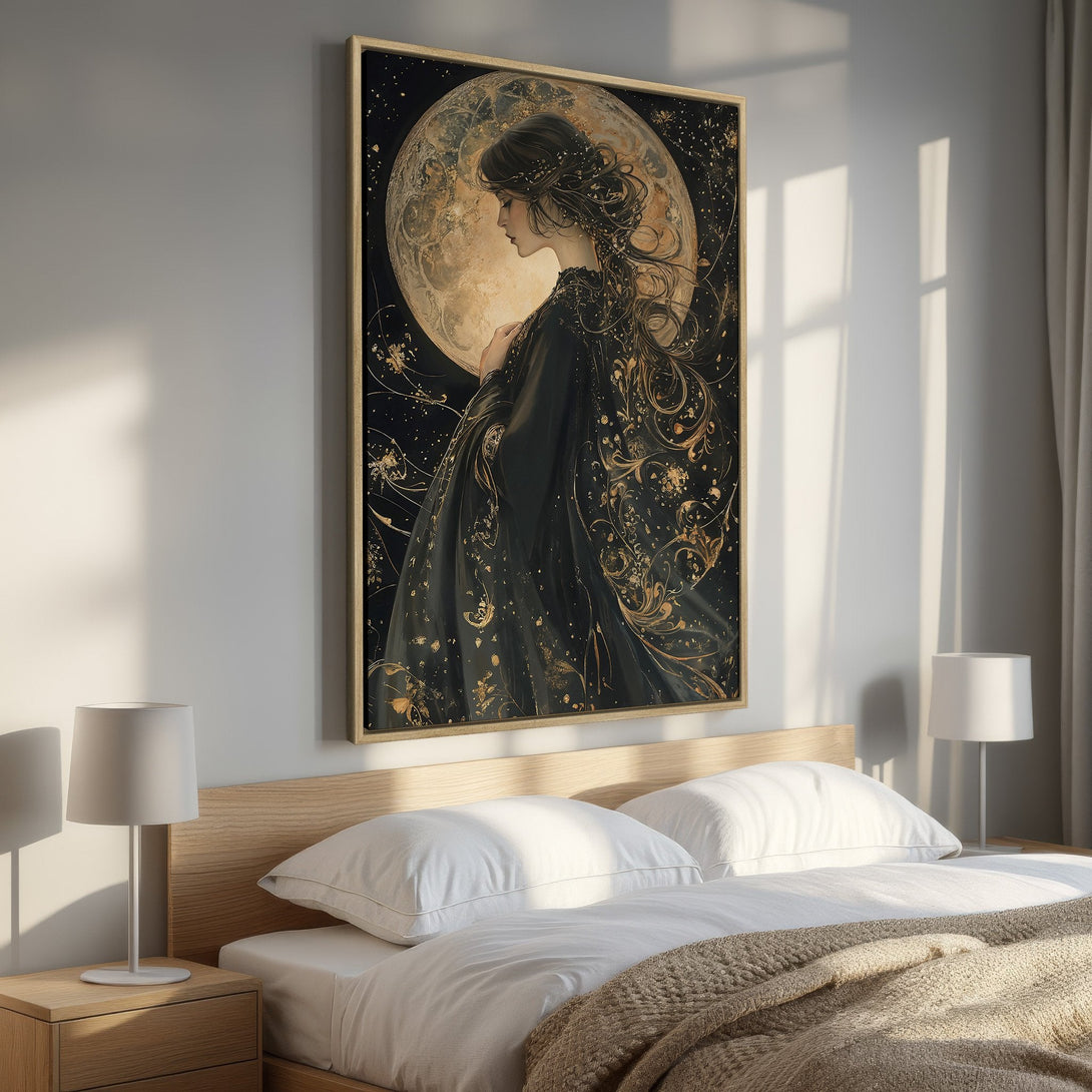Framed Wall Art: Celestial woman portrait in black and gold, displayed in a bedroom. Elegant art with a dark, moody aesthetic. Enhance your space!