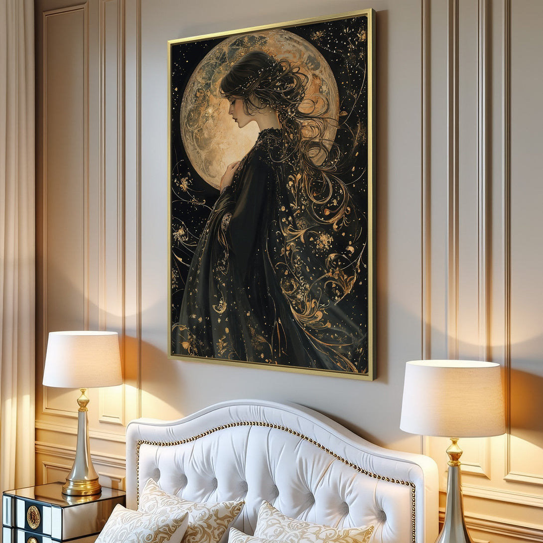 Canvas Print featuring a celestial woman with a moon backdrop. Elegant art in black, gold, and beige tones. Perfect wall decor for a stylish home.