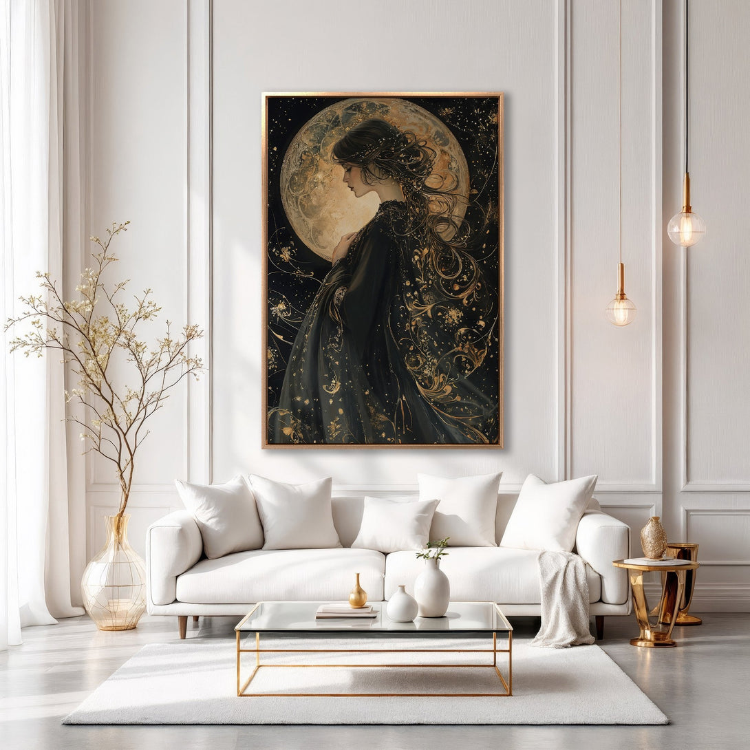 Framed Wall Art featuring a woman silhouette against a moon, gold and black color palette, perfect for elegant home decor.