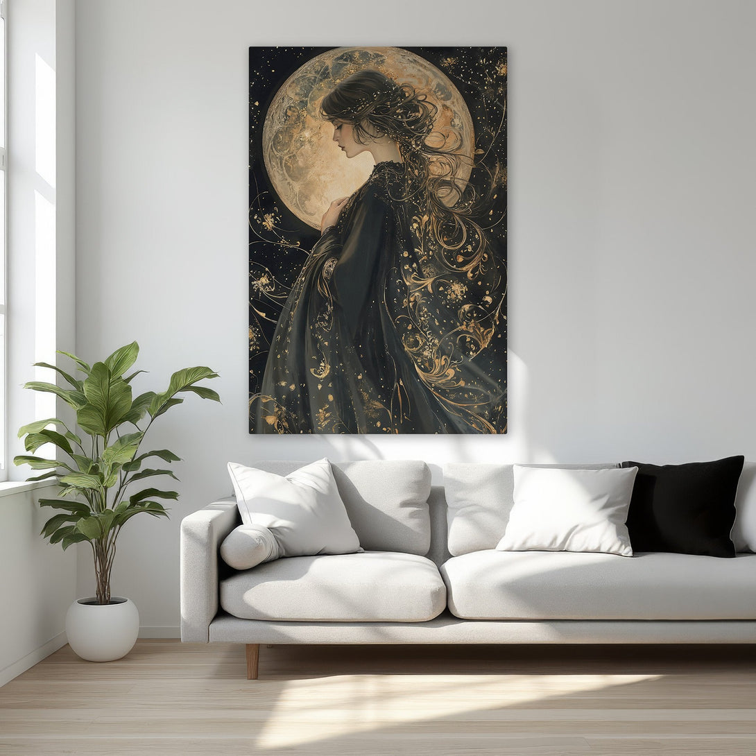 Framed Wall Art featuring a woman and moon, elegant style, black and gold palette. Perfect for adding a touch of luxury to your space.