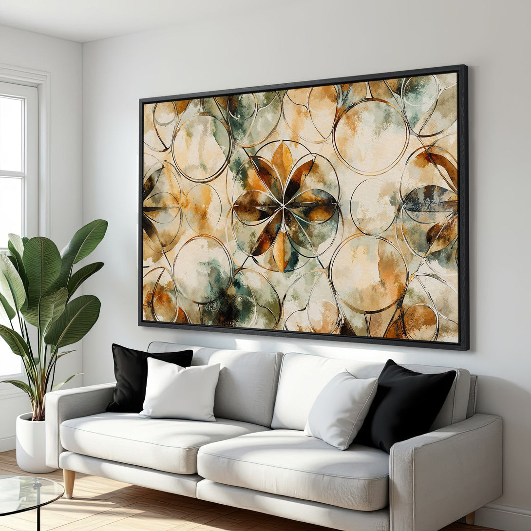 Framed Wall Art featuring abstract geometric design in warm neutral tones. Modern art canvas print adds a touch of elegance to any living room.