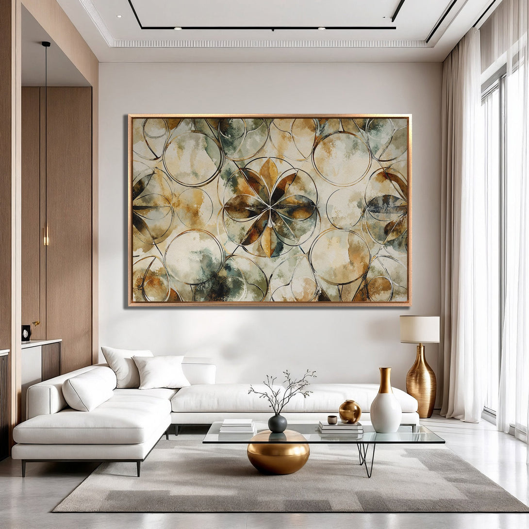 Framed Wall Art featuring an abstract floral design in a neutral color palette of beige, brown, and green. Modern art perfect for any living space.