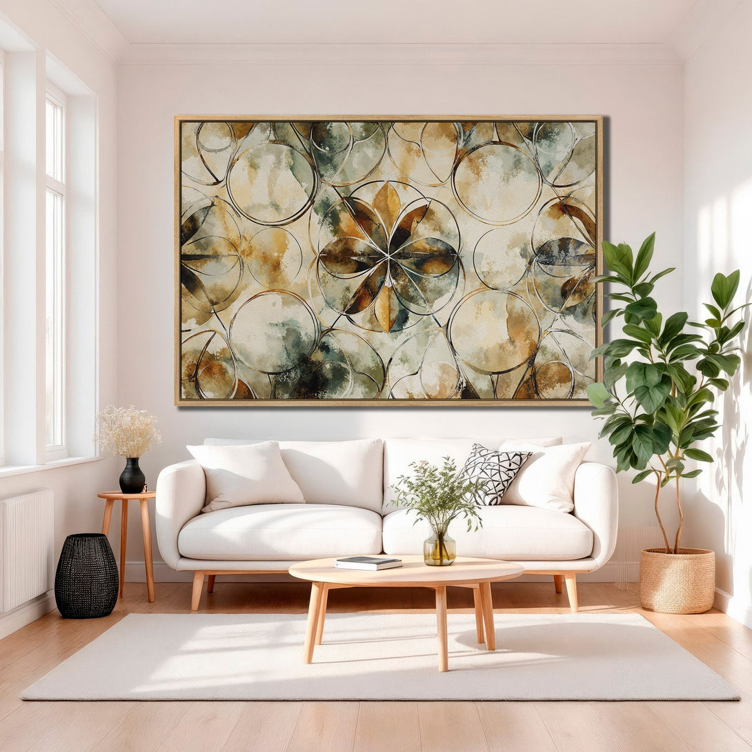 Framed Wall Art abstract circles in neutral tones. Modern decor with warm beige, brown, and green palette. Elevate your living room with this stunning canvas print.