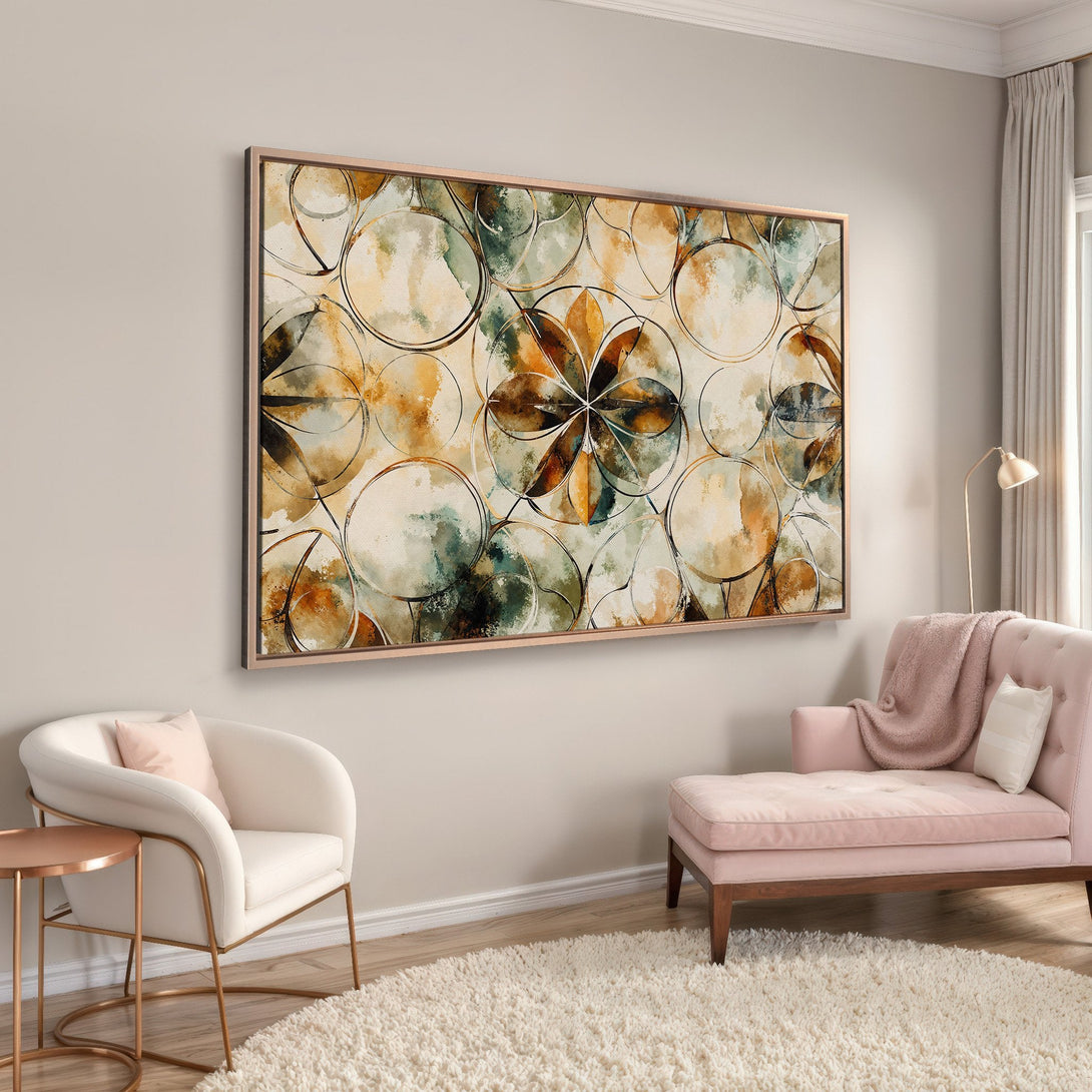 Framed Wall Art: Abstract watercolor circles in warm earth tones. Modern art print adds a touch of elegance to any interior.