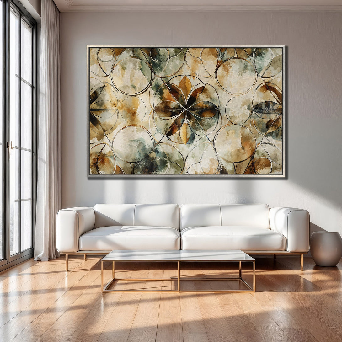 Framed Wall Art featuring an abstract floral design in warm earth tones. Modern home decor with a neutral color palette.