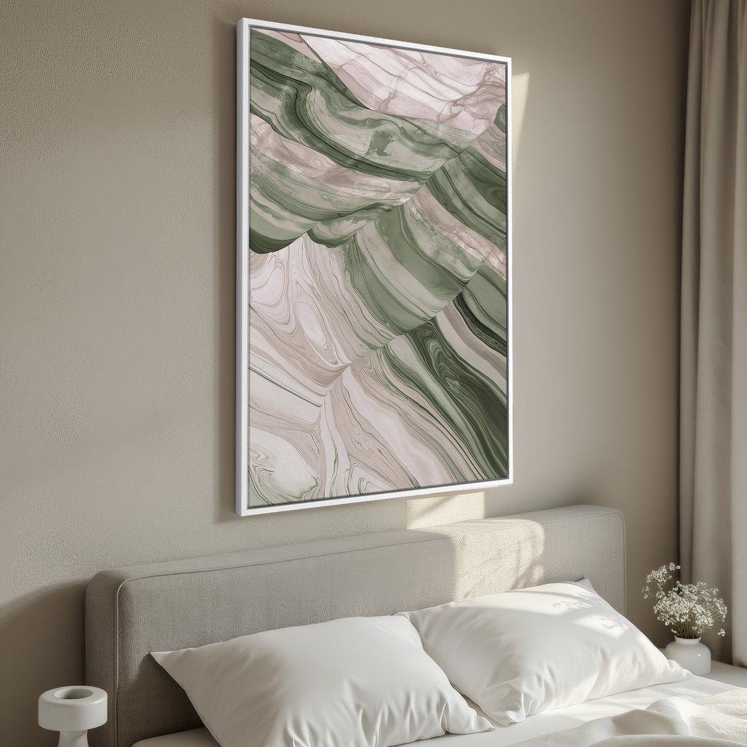 Framed Wall Art featuring an abstract, flowing design in earthy green and blush tones. Perfect for adding a touch of modern elegance to any space.
