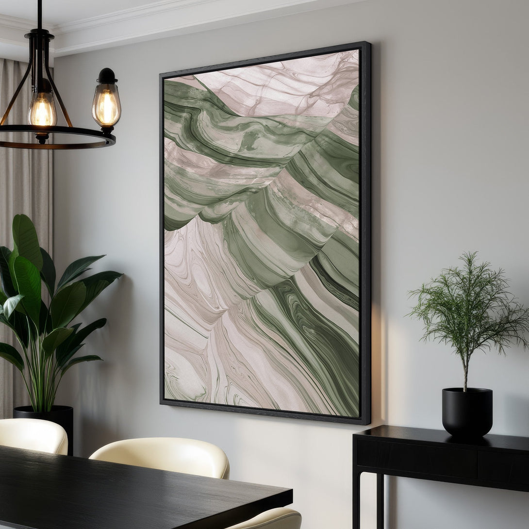 Framed Wall Art featuring abstract green and neutral tones. Modern canvas print for a stylish interior. Elevate your space with this unique artwork.