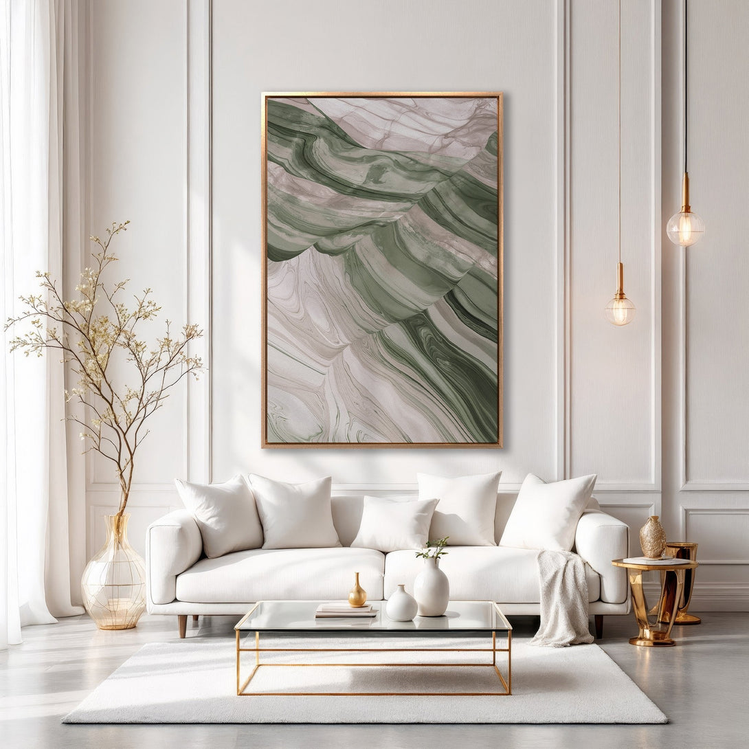 Framed Wall Art: Abstract green and neutral tones canvas print in a modern living room. Enhance your space with this stylish art piece.
