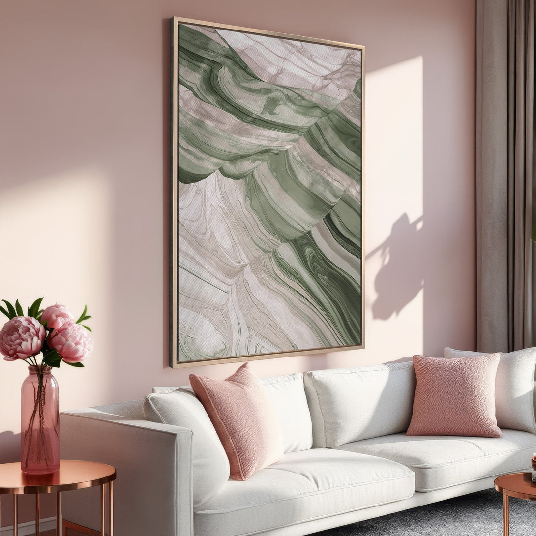 Framed Wall Art featuring abstract green and neutral tones. Modern art print adds a touch of elegance to any living room. Shop now for stylish home decor!