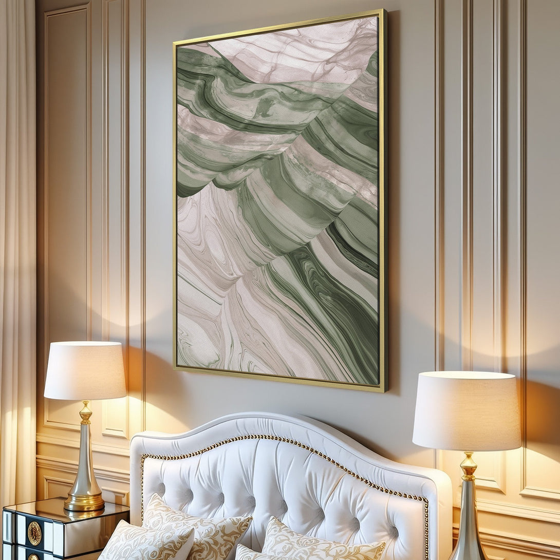 Abstract Canvas Print in a modern interior, featuring a flowing, organic design with green and neutral tones. Perfect for minimalist decor.