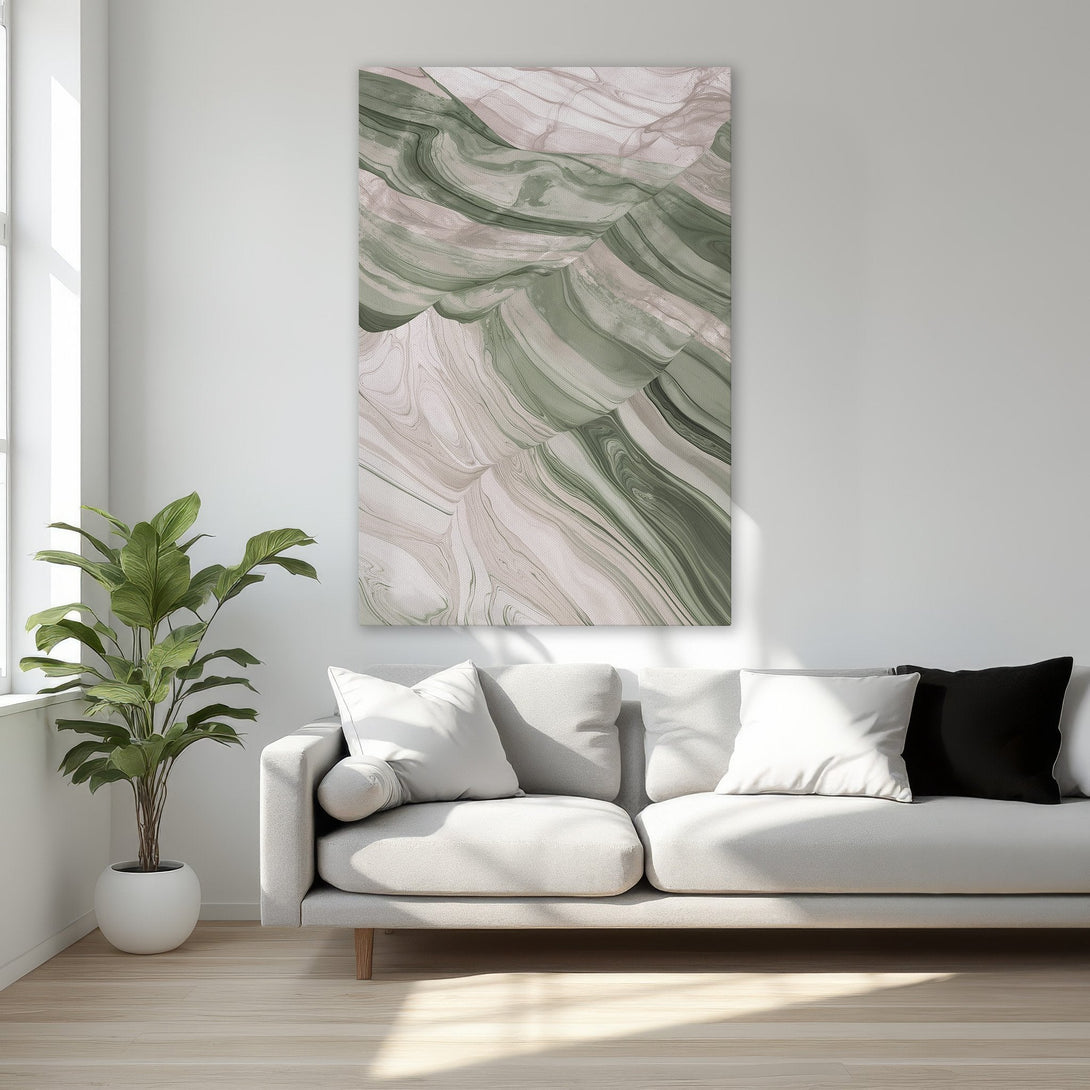 Framed Wall Art featuring an abstract landscape in green and beige tones. Perfect for adding a touch of modern elegance to any interior.